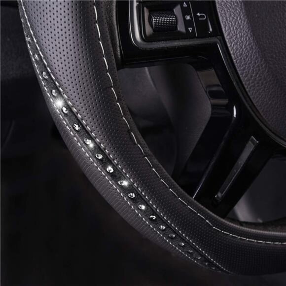 Bling Diamond Black Leather Steering Wheel Cover, Studded Crystal Rhinestones - Picture 2 of 7